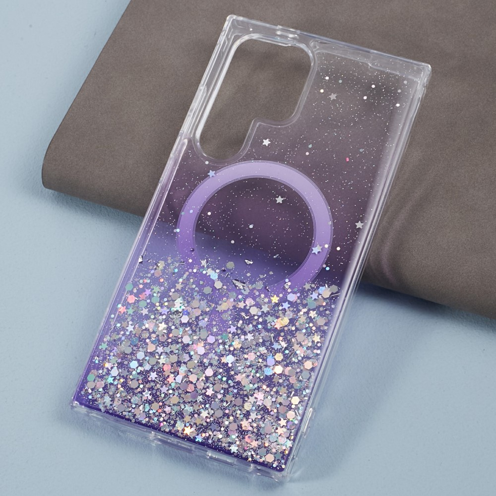 Samsung Galaxy S24 Ultra Hülle mit Acryl Rückseite und Farbverlauf im Glitzer Design MagSafe-Modul - Lila