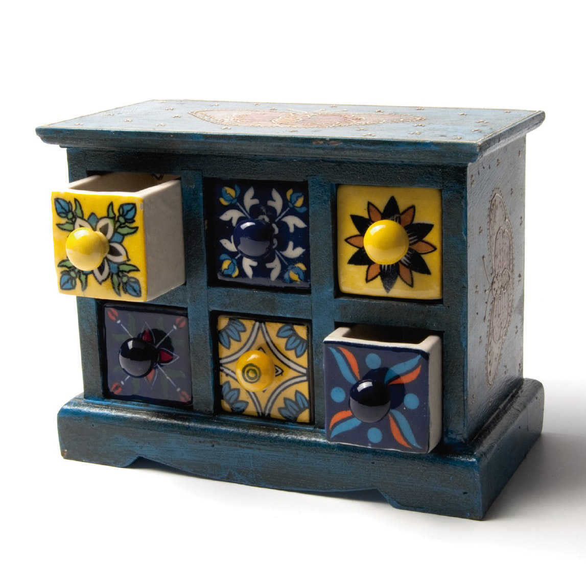 Schubladentruhe mit 6 Schubladen, blau, L 12 cm, B 23 cm, H 18 cm von fischer's lagerhaus