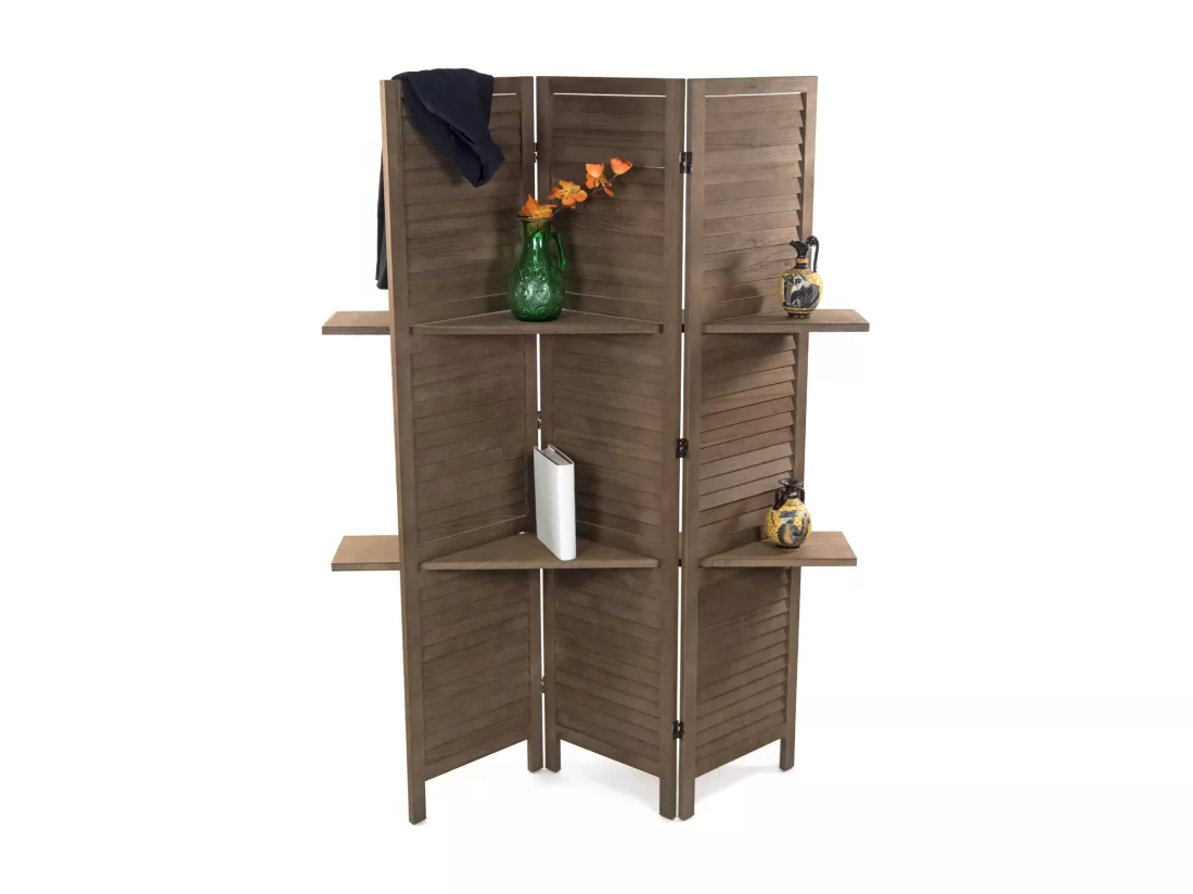 PARAVENT Cottage II 3-pièces Bois, avec 2 étagères braun