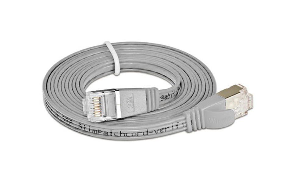 Slimpatchkabel RJ-45 - RJ-45, Cat 6, STP, 2 m, GrauGeschirmtes Twisted-Pair-Kabel (STP) mit Klinkenschutz