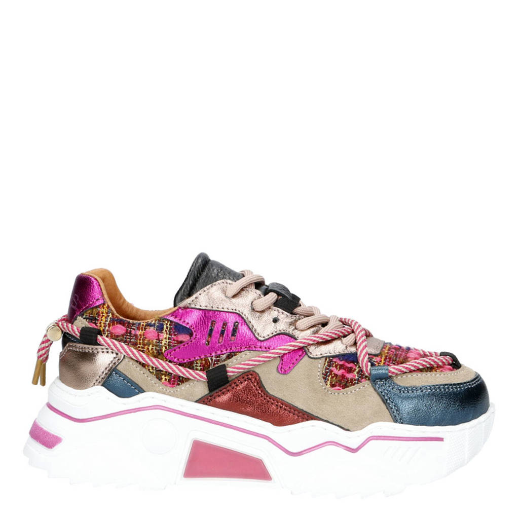 DWRS Jupiter tweed chunky leren sneakers beige/fuchsia