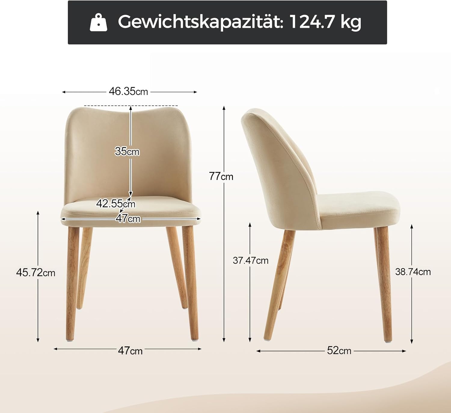 HULALA HOME 2er Set Esszimmerstühle, Schminktischstuhl, bequemer Kleiner Küchenstuhl mit Holzbeinen 46 cm Sitzhöhe für Wohnzimmer, Schlafzimmer und Esszimmer, Beige
