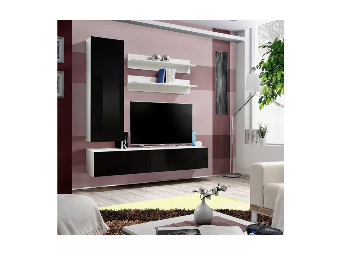 Meuble TV FLY G3 design, coloris blanc et noir brillant. Meuble suspendu moderne et tendance pour votre salon.