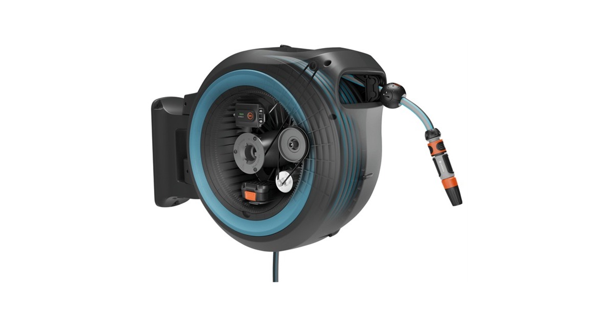 GARDENA35 m Wand-slangenbox Powerroll XL slanghaspel  (Grijs/turquoise, 35 meter, Accu en oplader inbegrepen, POWER FOR ALL ALLIANCE)