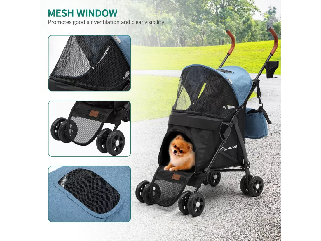 YITAHOME Poussette pour Chien Chat - Caisse de Transport Pliable avec 4 Roues - 11.3 kg Poussette avec fenêtres - Bleu