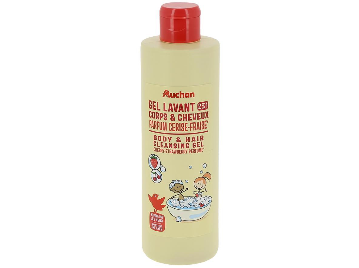GEL DE BANHO AUCHAN KIDS 2EM1 CORPO E CABELO CEREJA E MORANGO 250ML