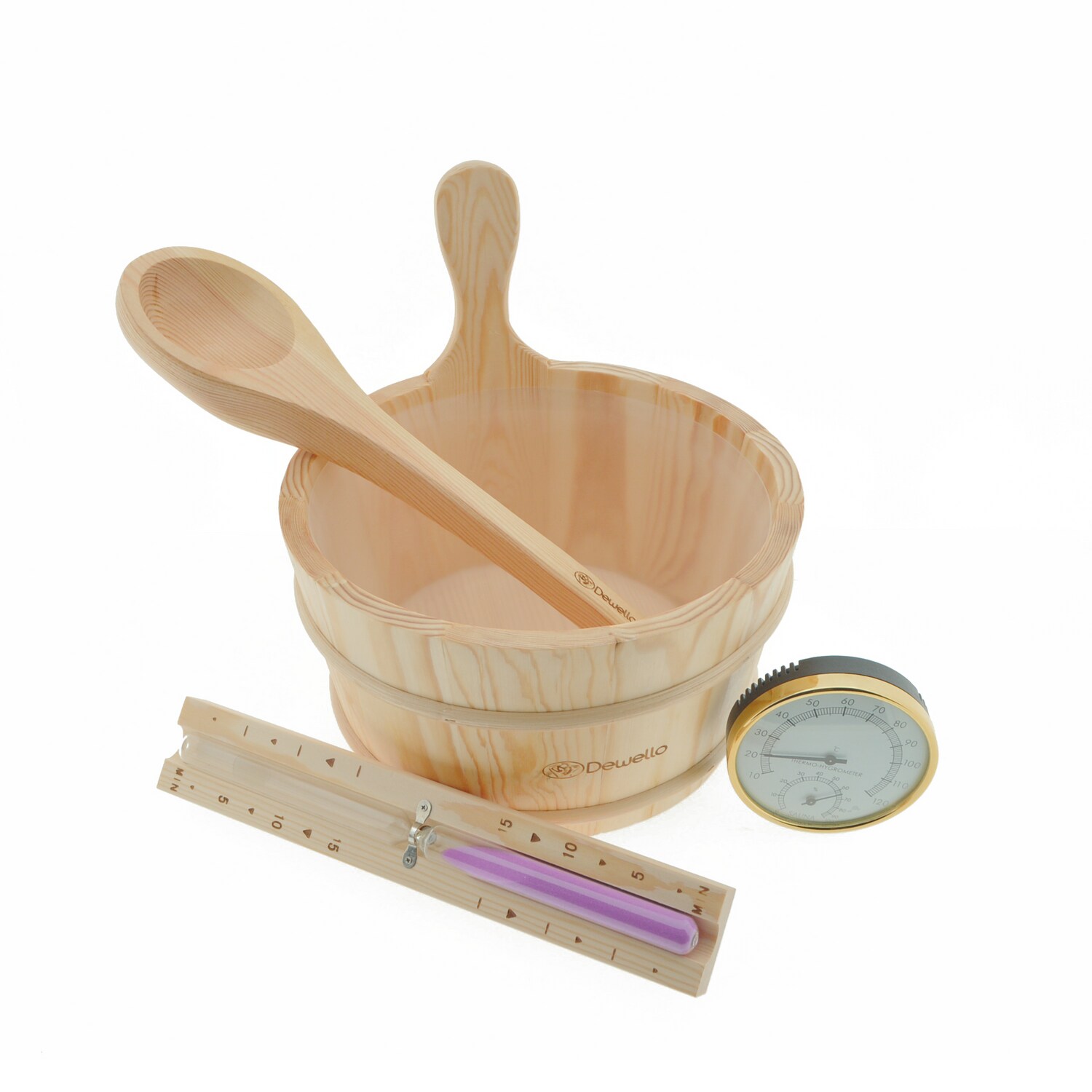 Dewello® Sauna Zubehör Set | Saunathermometer, Hygrometer, Sanduhr, Aufguss Eimer & Saunakelle | Saunazubehör für Zuhause