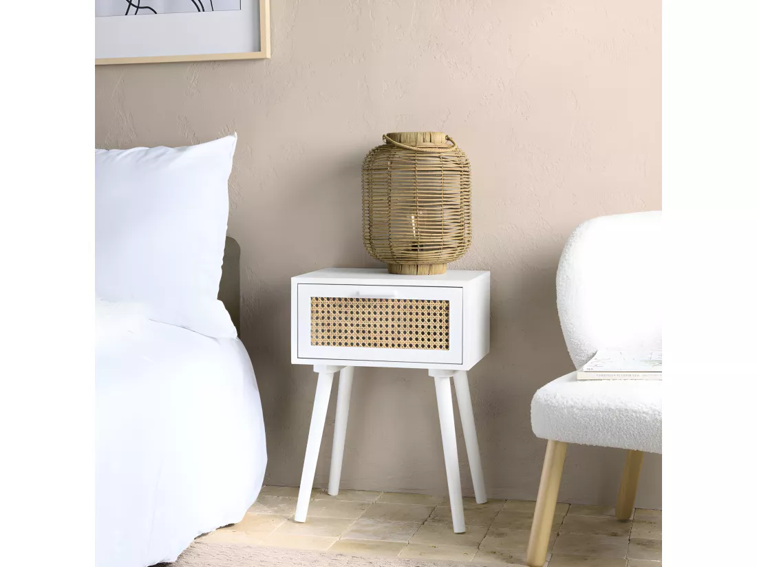 SANDRO - Chevet blanc 1 tiroir cannage naturel