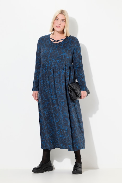 Jersey-Midikleid, A-Linie, Zierbänder, Rundhals, Langarm