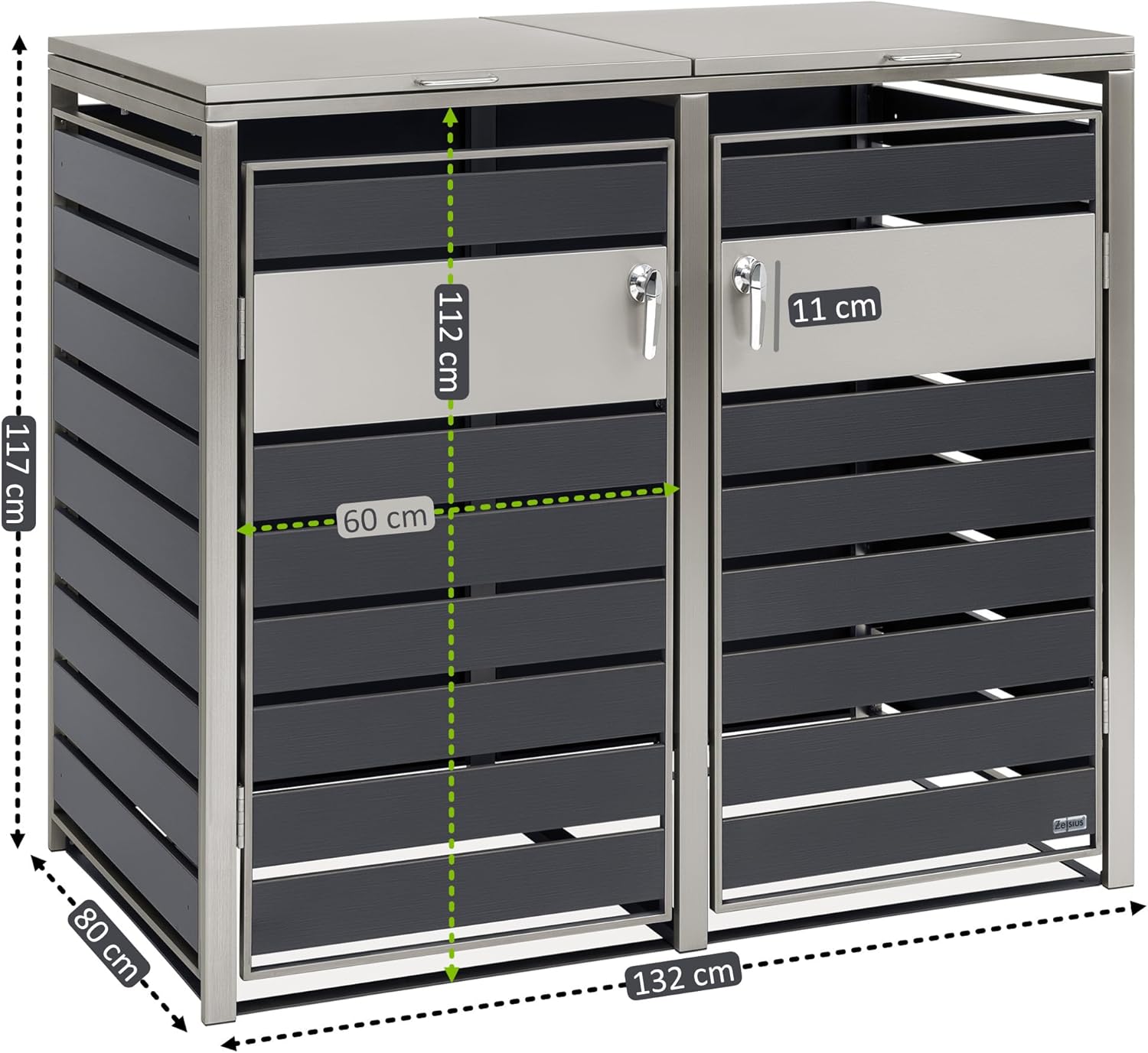 Zelsius Mülltonnenbox 2er Mülltonnen | (B) 132 x (T) 80 x (H) 117 cm | Anthrazit | inkl. Erweiterungsmöglichkeit | Mülltonnenverkleidung, Garten Müllbox, Müllhaus, 2 Tonnen