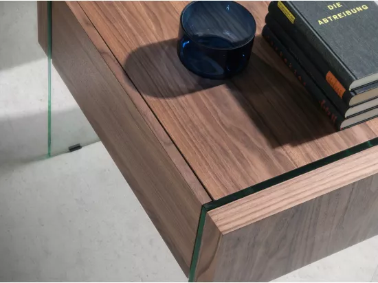 Meuble d'appoint 1 tiroir bois noyer et pieds verre trempé Roka