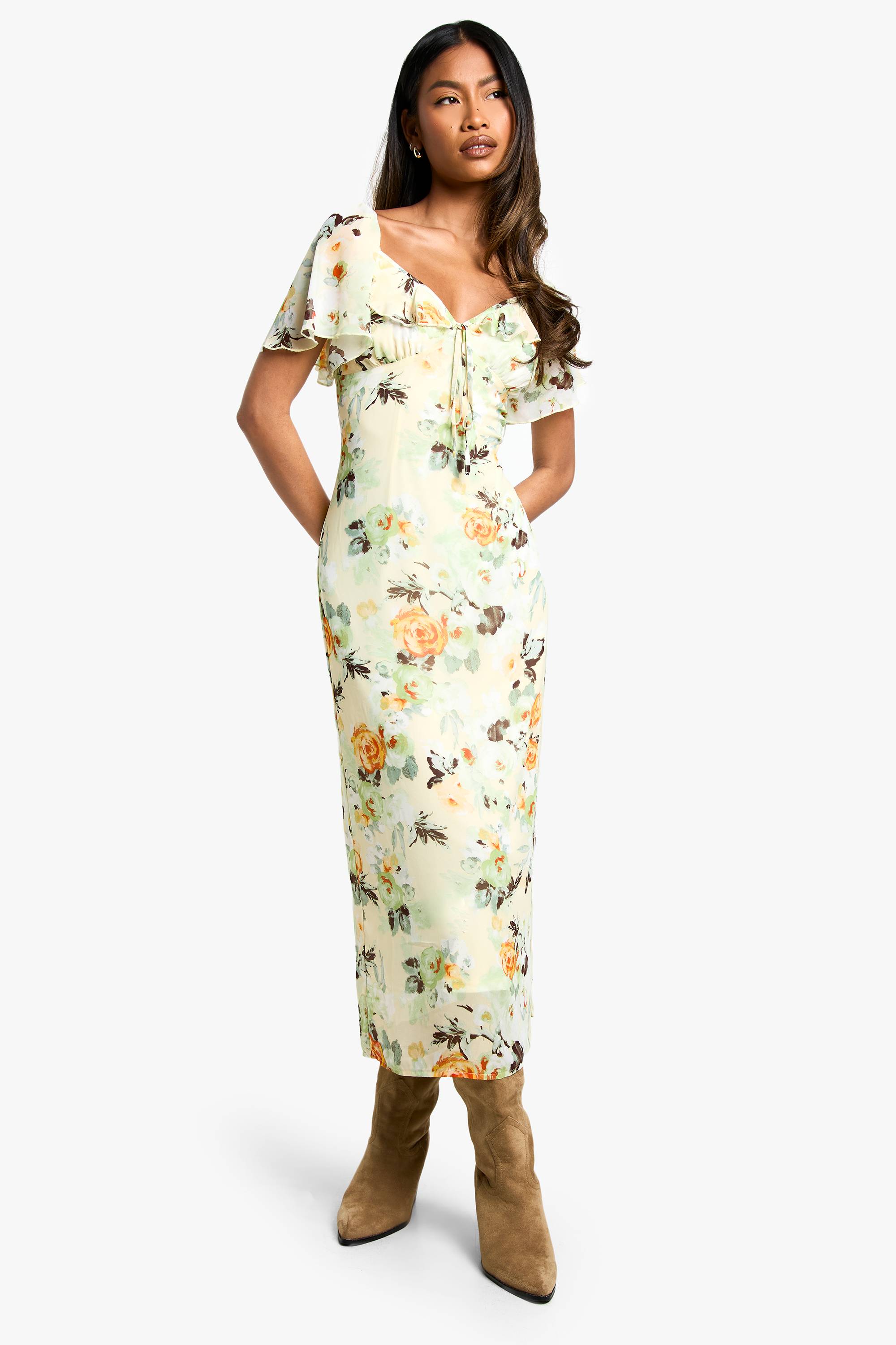 boohoo Floral Angel Sleeve Midaxi Dress