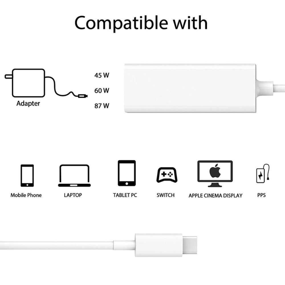MagSafe 1 / Magsafe 2 45W / 60W USB C Adapter Konverter Kabel für 45W / 60W / 87W Netzteil MacBook Pro / MacBook Air - Weiss