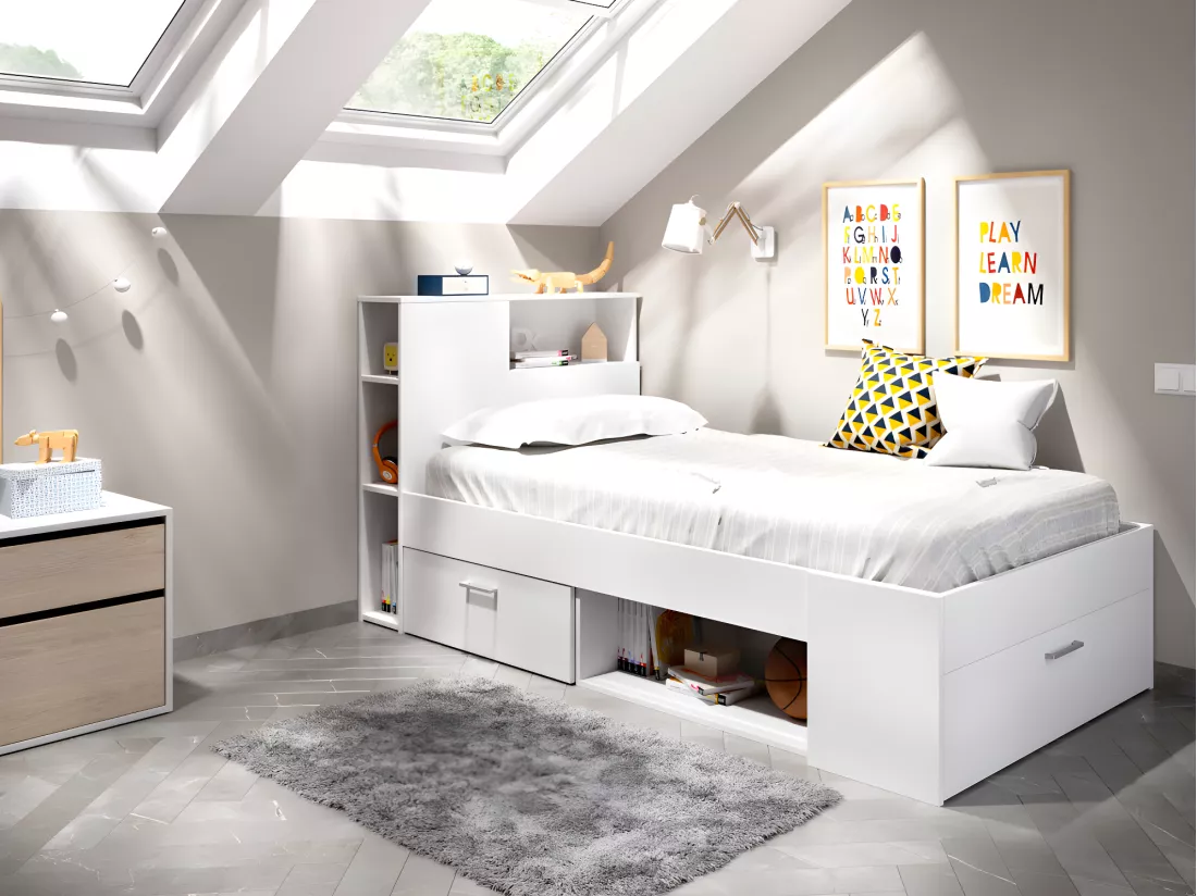 Lit avec tête de lit rangements et tiroir - 90 x 190 cm - Blanc + matelas + sommier - LEANDRE