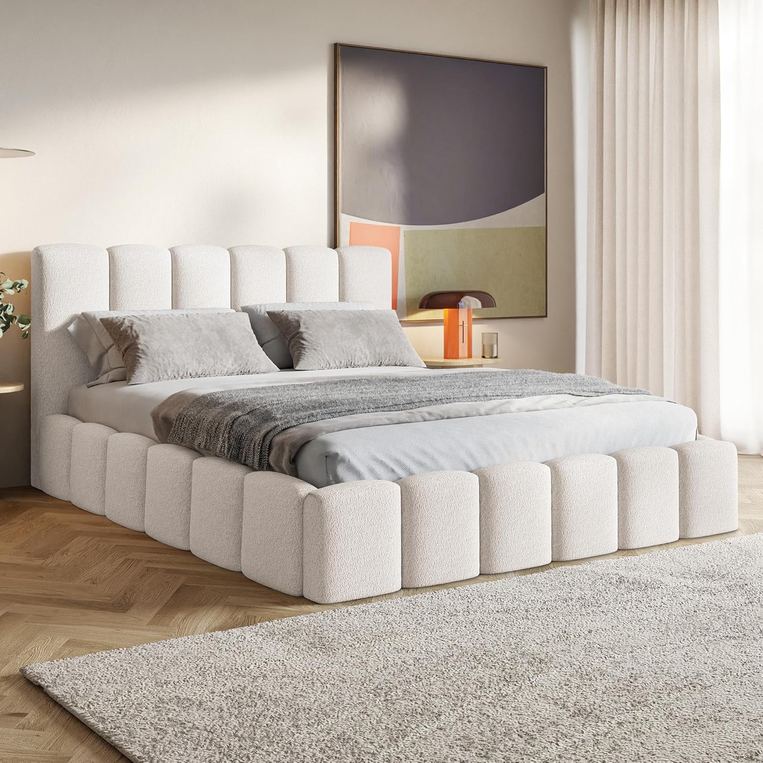 Nunu Bubble Bett 140x200 Weiß Boucle, mit Stauraum, mit Kopfteil, mit Lattenrost, ohne Füße, ohne Matratze, Bubble Polsterbett 140x200 mit Bettkasten Weiß (Milch)