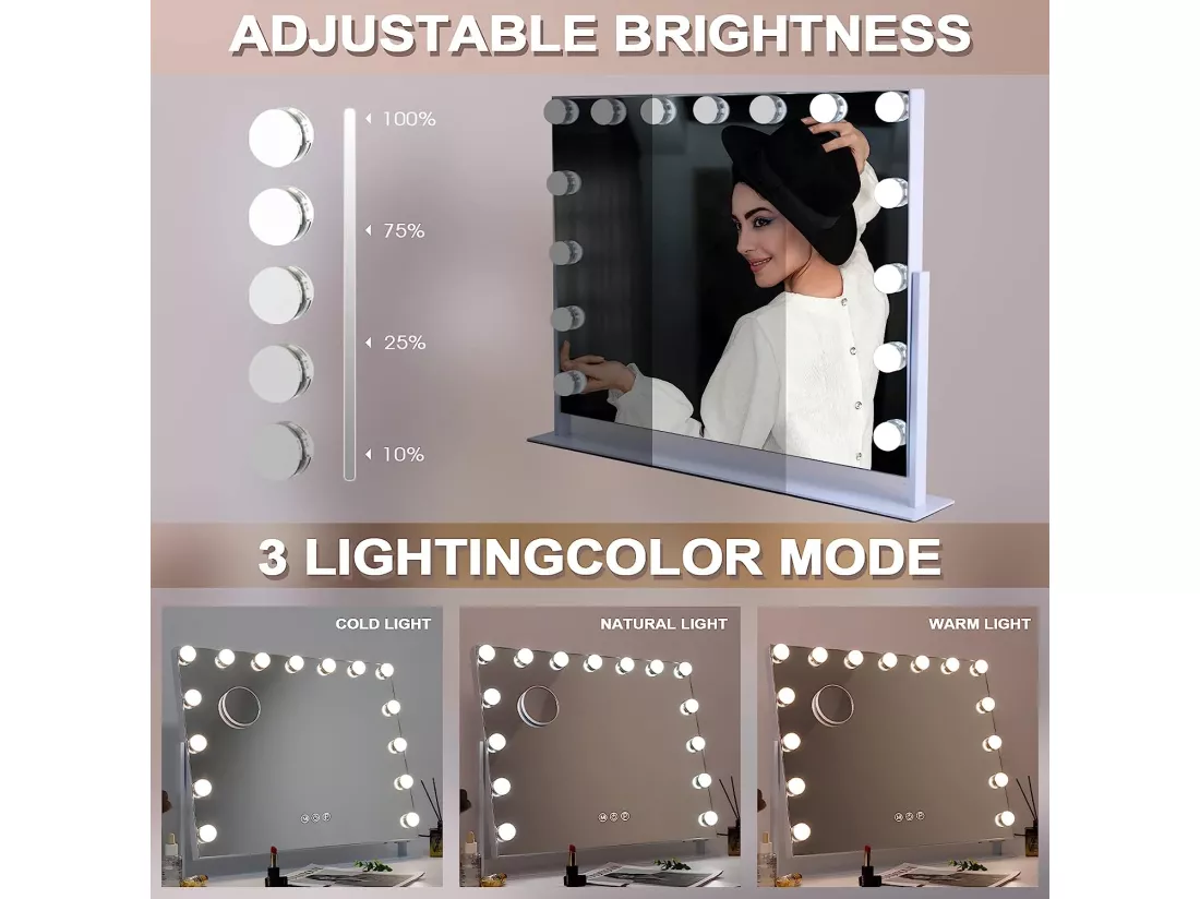 Miroir de maquillage hollywood coiffeuse mural avec lumière 58x46cm - Rotatif