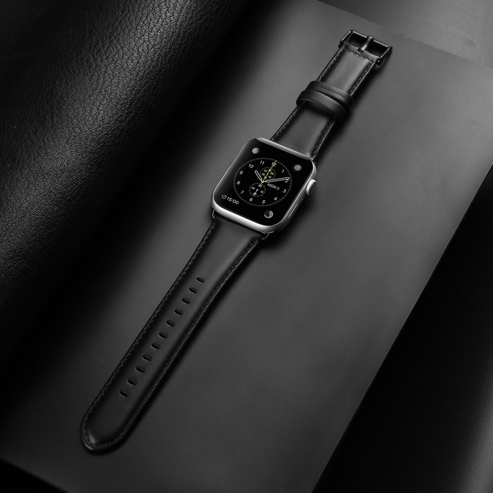 Apple Watch (49/46/45/44 mm) Ersatz Echtleder Armband (Gelenkumfang. 160-220mm) - Schwarz