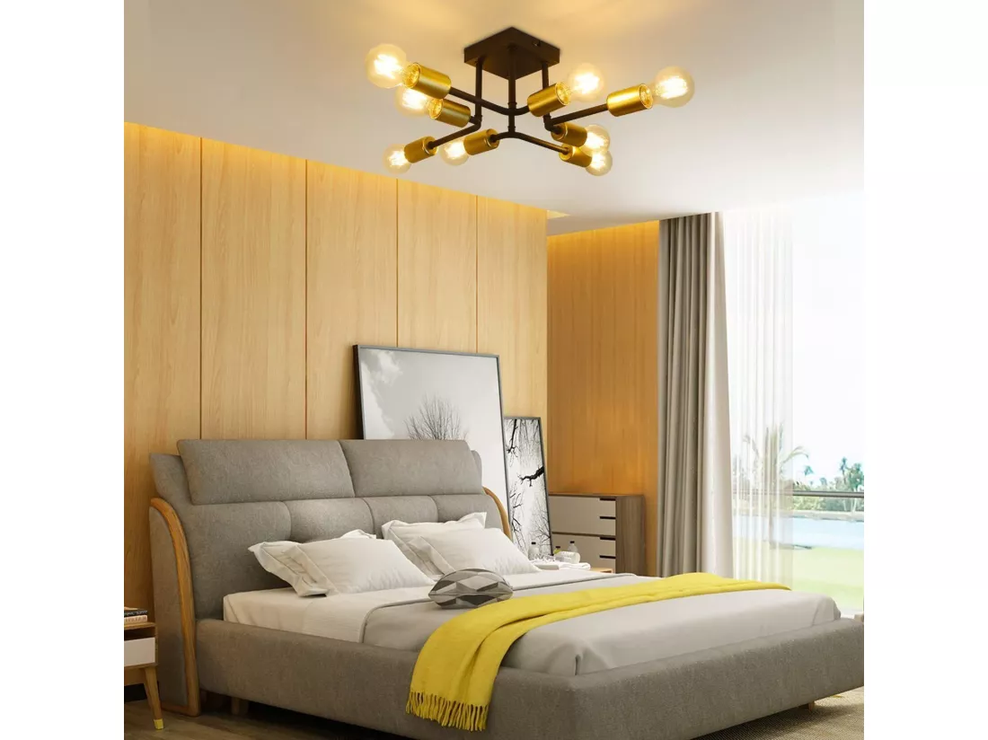 NETTLIFE plafonnier 48,5*48*16cm E27 métal vintage Lampe industrielle à 8 ampoules, noir et or, pour chambre à coucher, salon, cuisine, Max.25W
