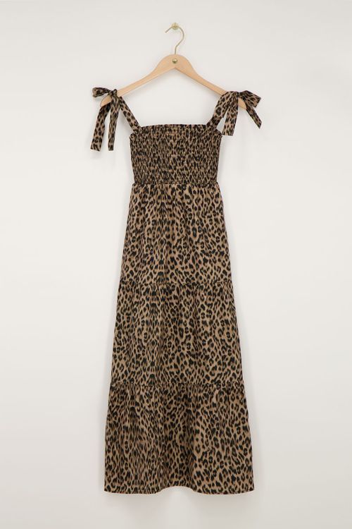 Midi jurk met smock en panterprint