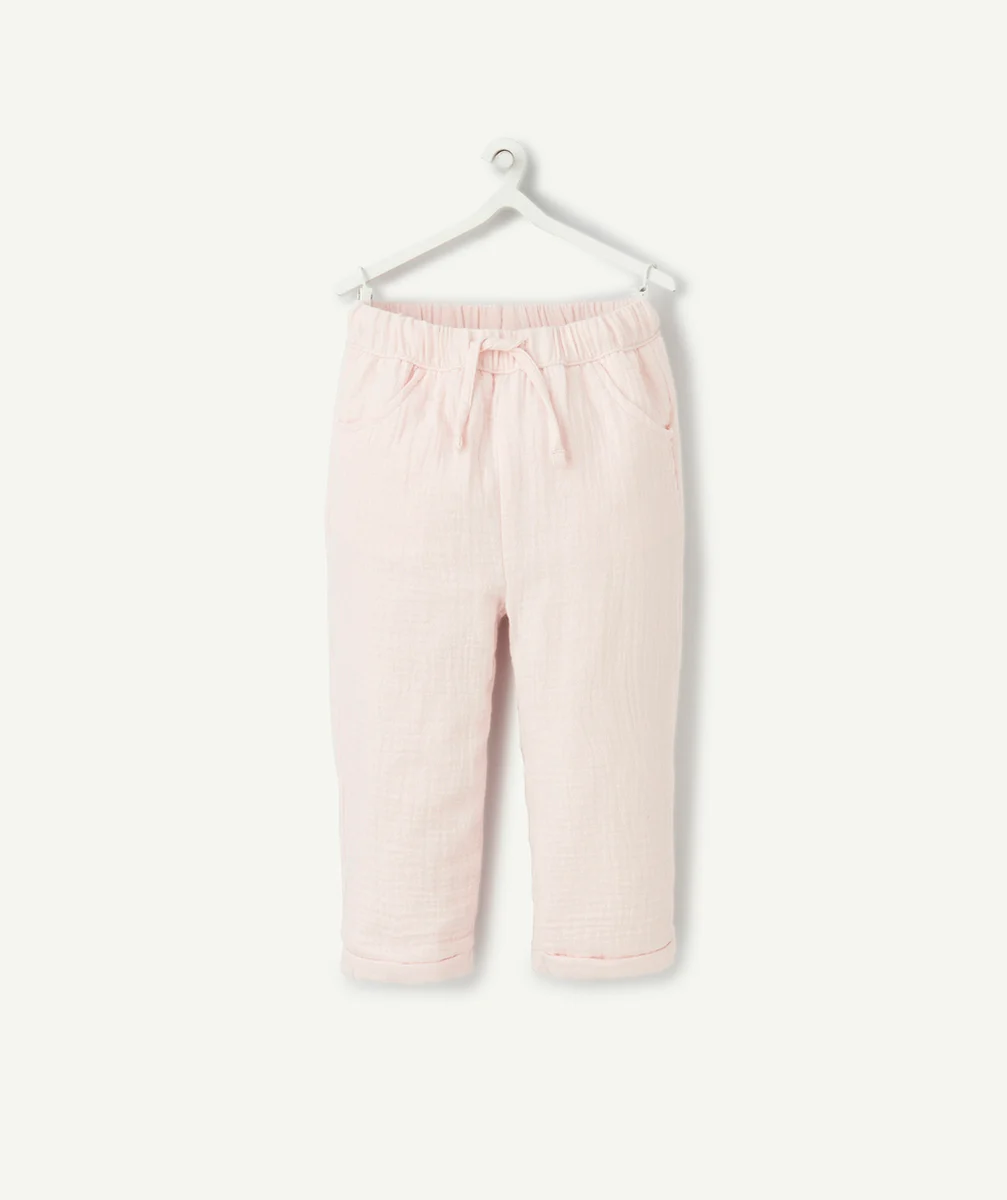 pantalon droit bébé fille en gaze de coton rose pastel