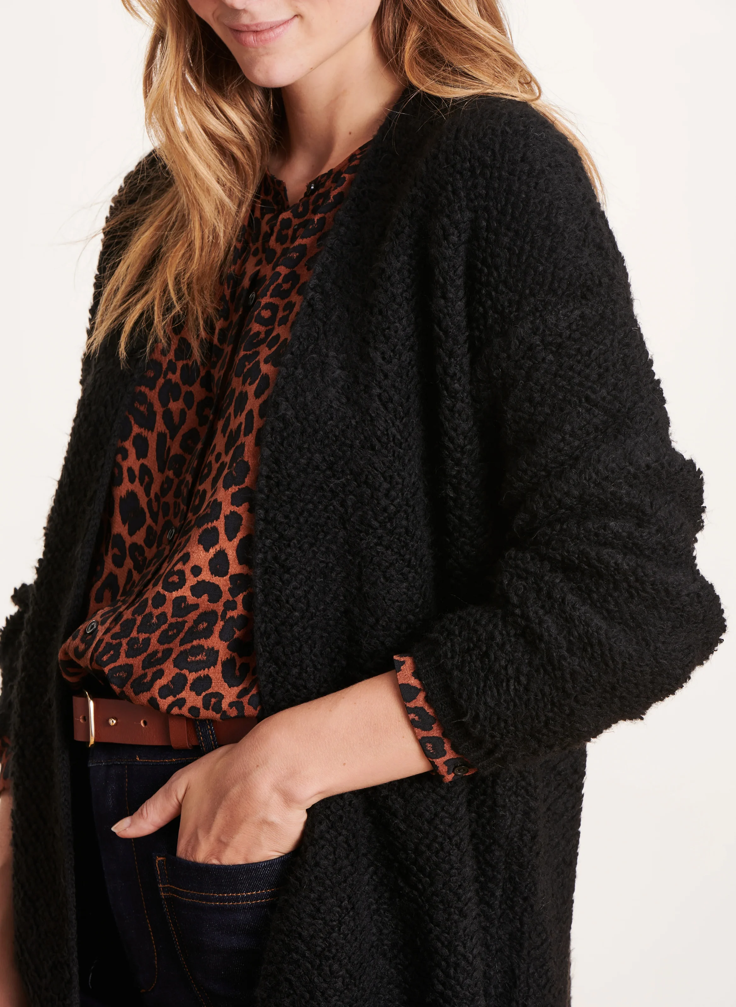 Gilet mi-long ample texturé| Noir
