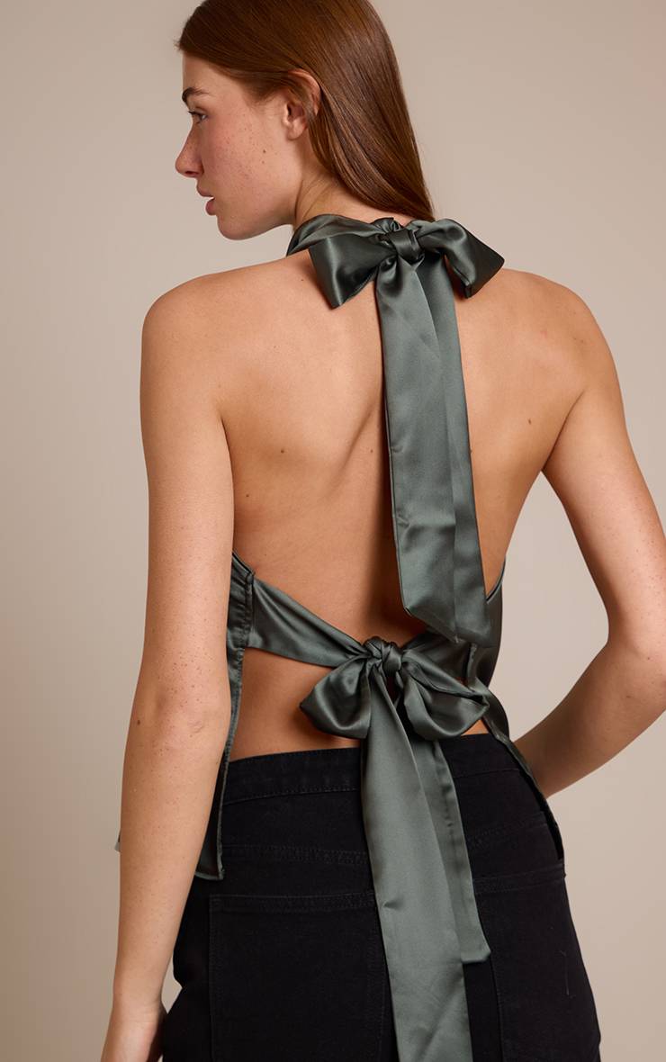 Dark Khaki Top Dos Nu En Satin Col Licou Avec Lien À Nouer