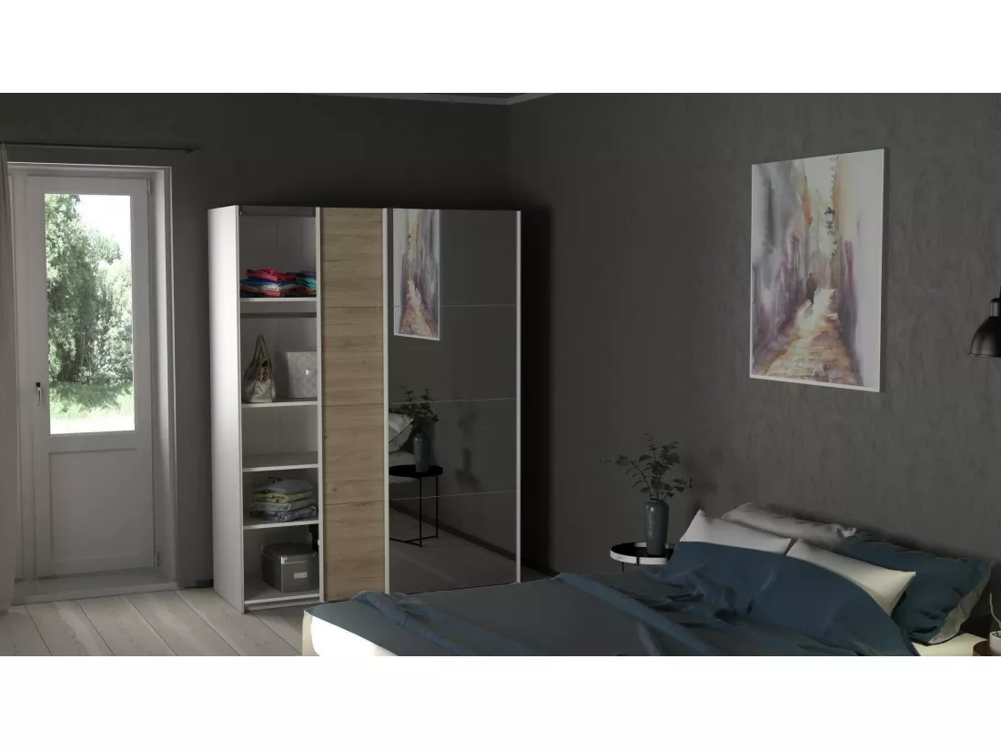 Garde-robe 2 portes Dspur, Meubles de chambre, Penderie de plain-pied, Placard à vêtements, 150x61 h200 cm, Blanc et Chêne clair