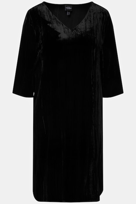Samt-Midikleid, A-Linie, Crashsamt, V-Ausschnitt, 3/4-Arm