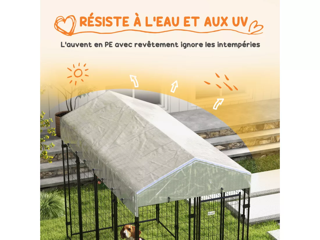 Chenil extérieur chien - cage chien - enclos chien - toile toit imperméable anti-UV, 2 portes verrouillables - acier noir PE gris