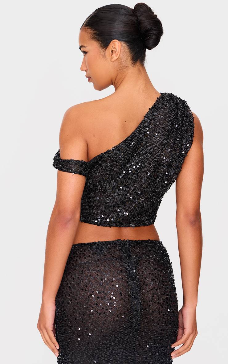 Noir Haut Asymétrique Texturé À Sequins