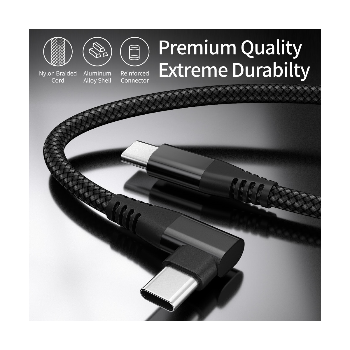 USB C-lader med vinklet kontakt 60W PD hurtiglading Sort 2 m