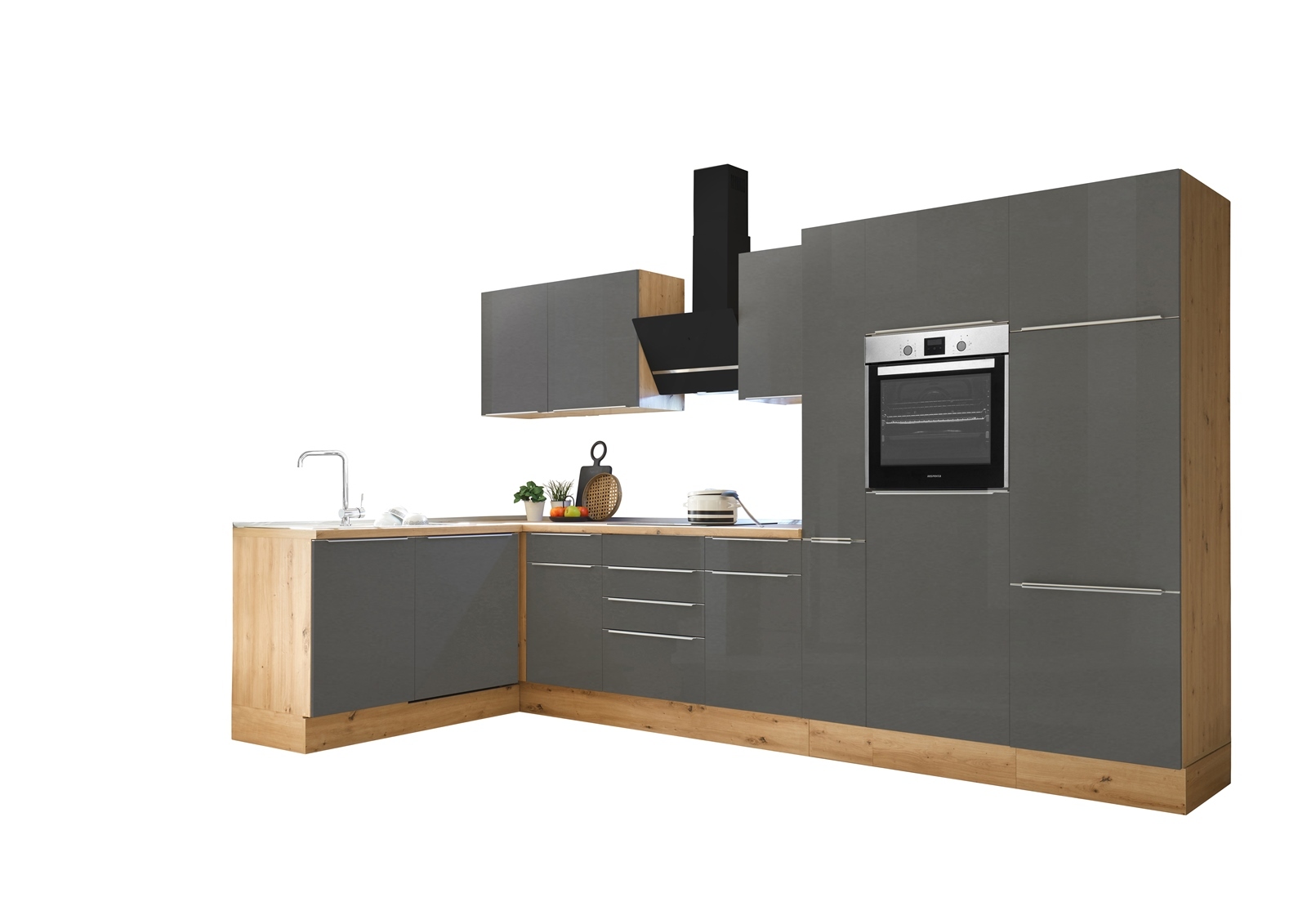 RESPEKTA Winkelküche - grau - Artisan Eiche - mit E-Geräten - 370 cm