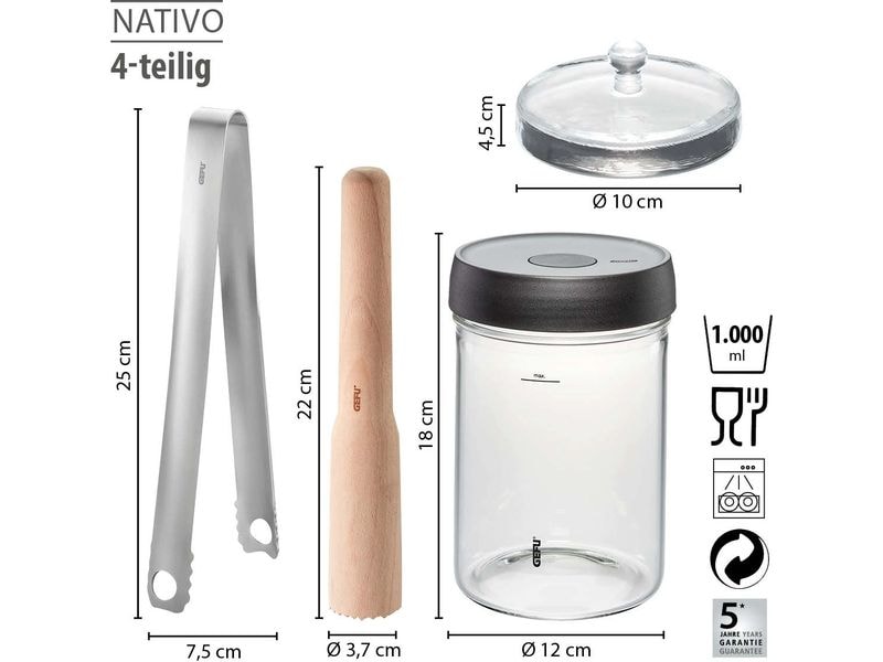 GEFU Fermentationsglas NATIVO 4-teilig, 1 L Fermentationsgläser Set mit Deckel