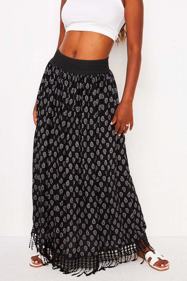Jupe longue noire à motifs Paisley