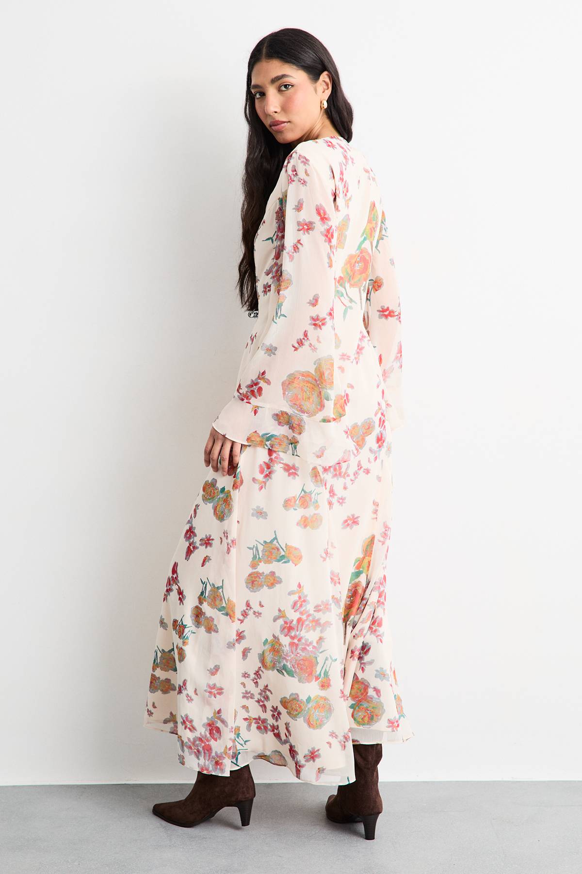 Warehouse Robe Longue Bohème En Mousseline À Imprimé Floral Avec Boutonnage