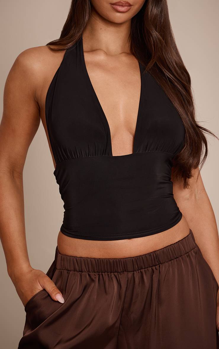 Noir Top Long Plongeant À Double Couche Satiné Avec Lien Au Cou
