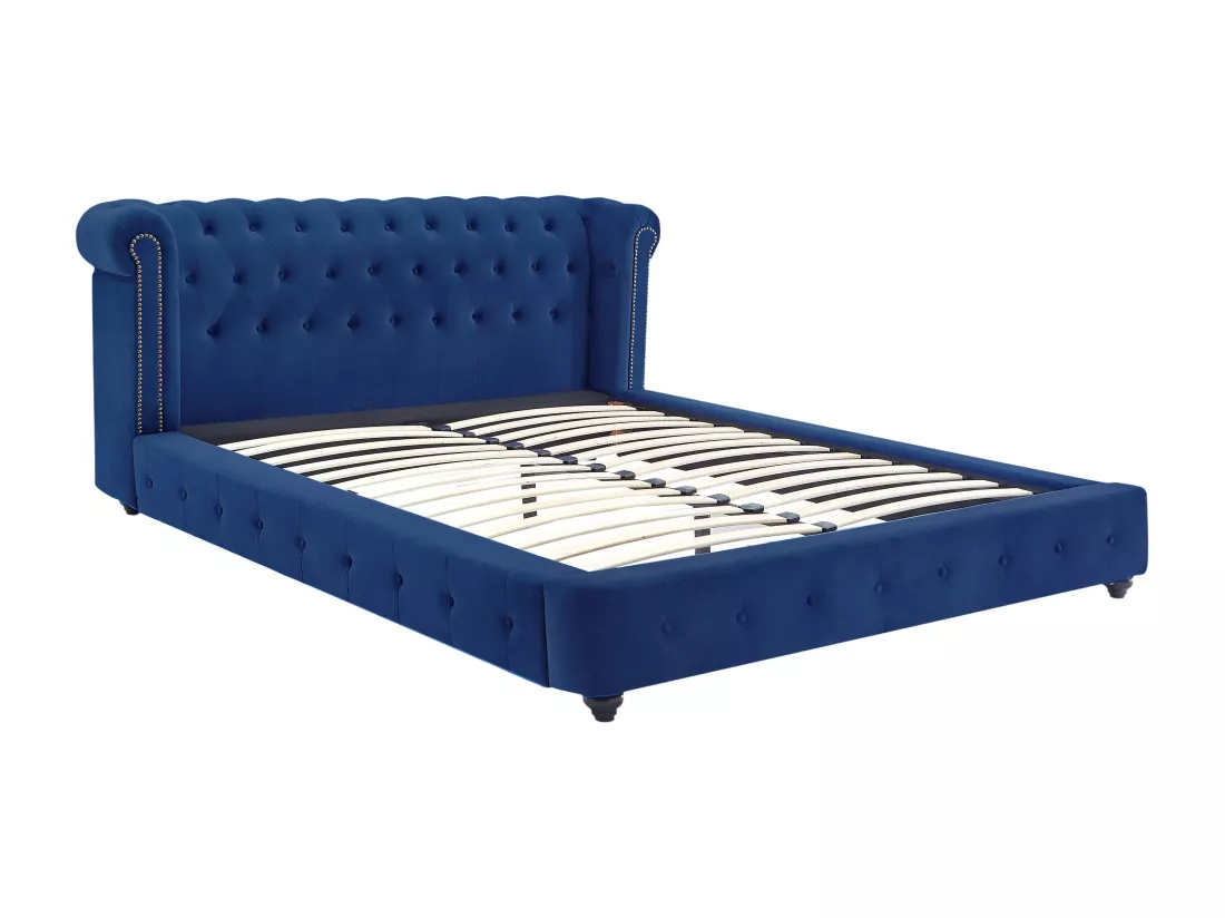 Lit chesterfield 180 x 200 cm - Velours - Bleu roi - TONGERLA