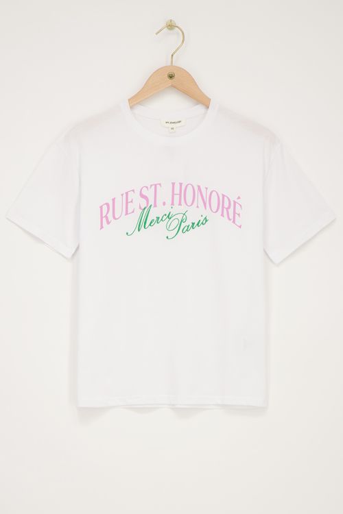 Wit T-shirt met paarse ''Rue st. honoré''