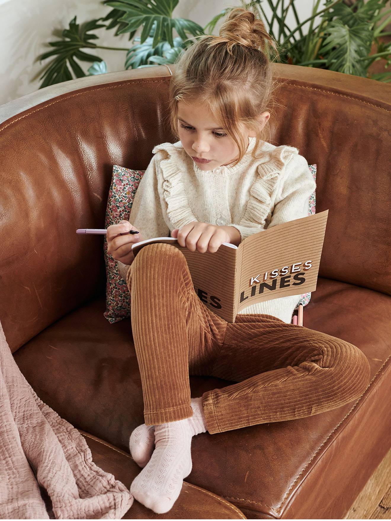 Calças legging de veludo cotelê, lisas, marrom médio, para meninas.