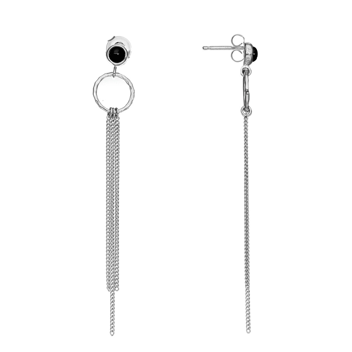 Boucles D'oreilles Argent Chaines Pendantes Et Pierre Onyx Noir