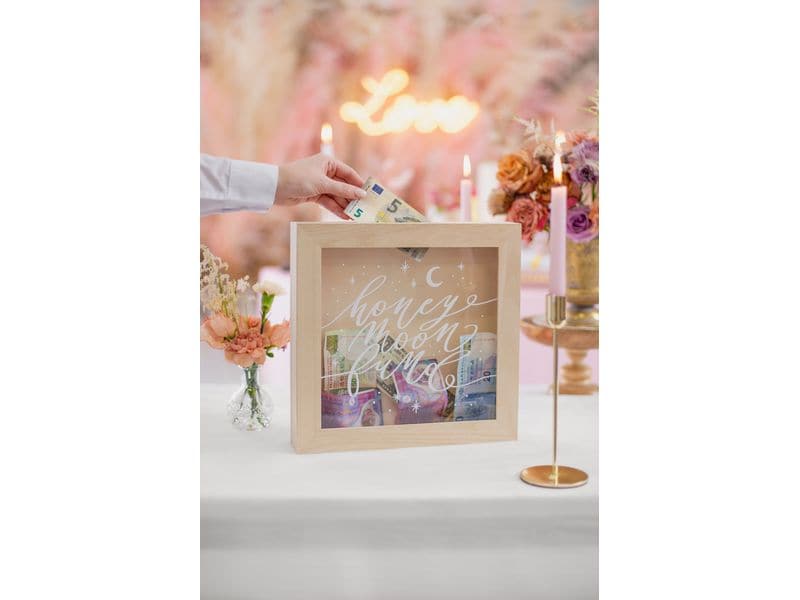 Partydeco Spardose Honeymoon Fund Hochzeit Spardose aus Holz mit weisser Aufschrift auf Plexiglas