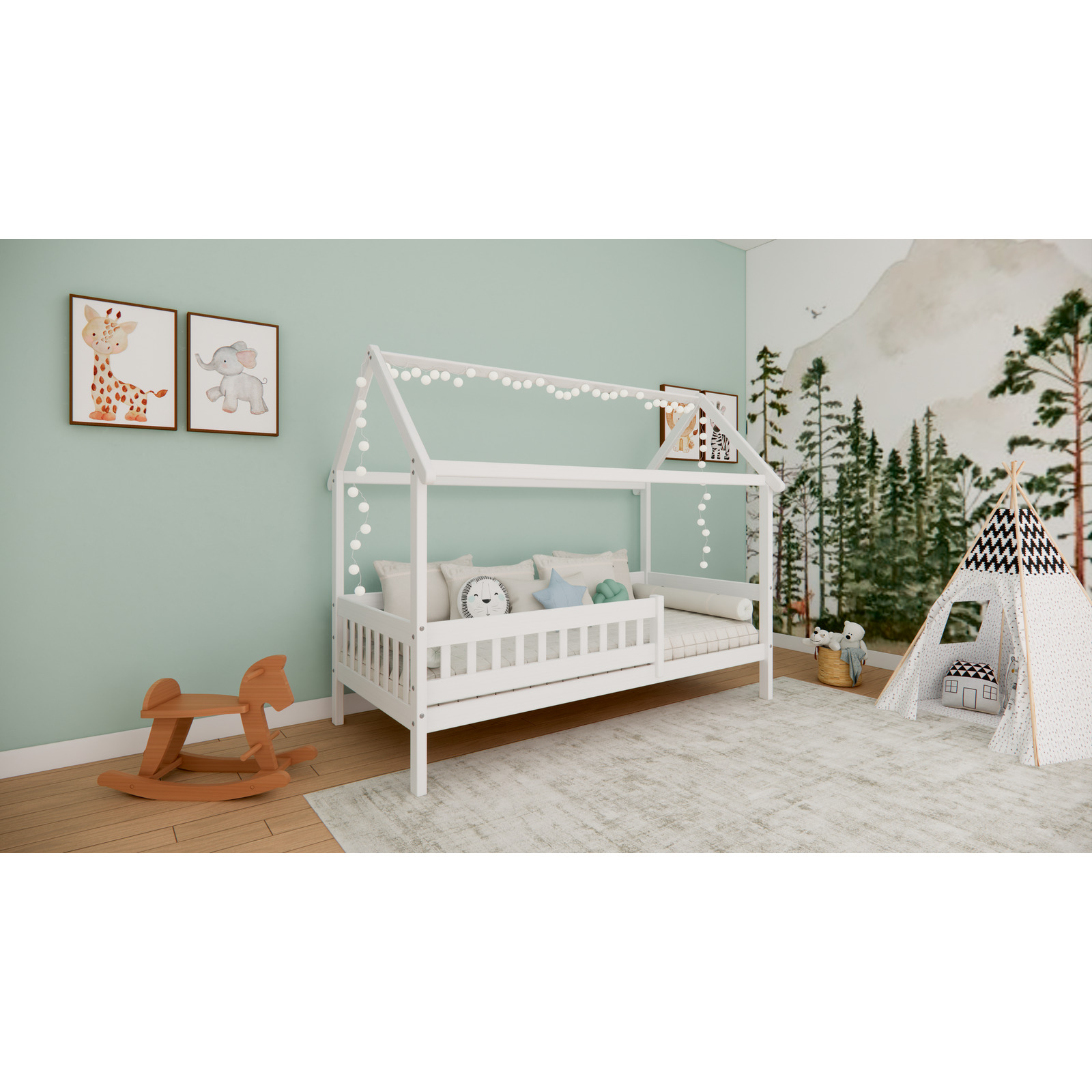 Bett Mila mit Dach Buche massiv 90 x 200 cm Buche weiss
