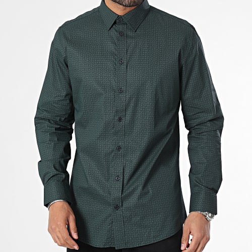 Chemise Manches Longues Slim Soho Blanche Vert Foncé