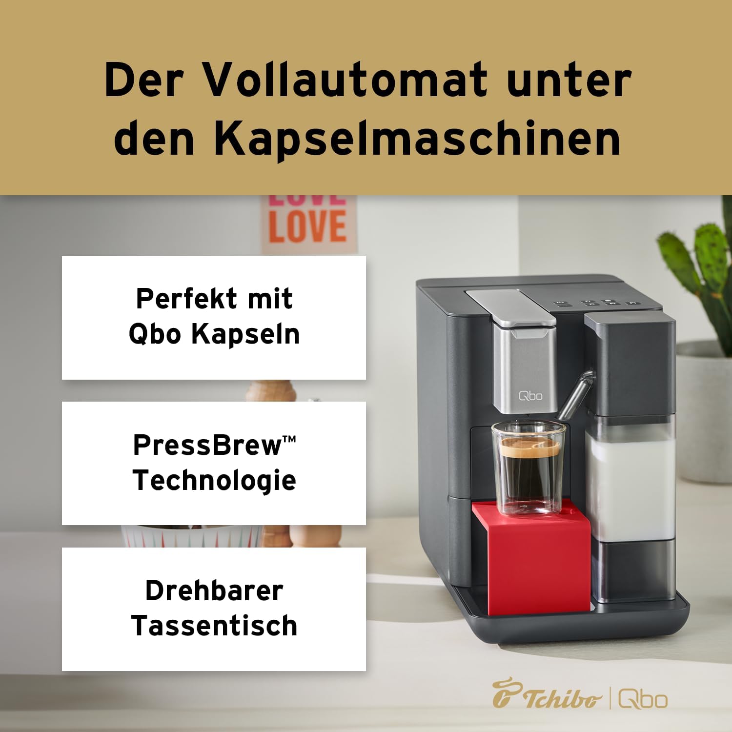 Tchibo Qbo MILK MASTER Premium Kapselmaschine inkl. 16 recyclebare Qbo Kapseln für Cappuccino, Espresso, Caffè Crema, Milchschaum auf Knopfdruck mit abnehmbarem Milchtank 300ml, Lipstick Red