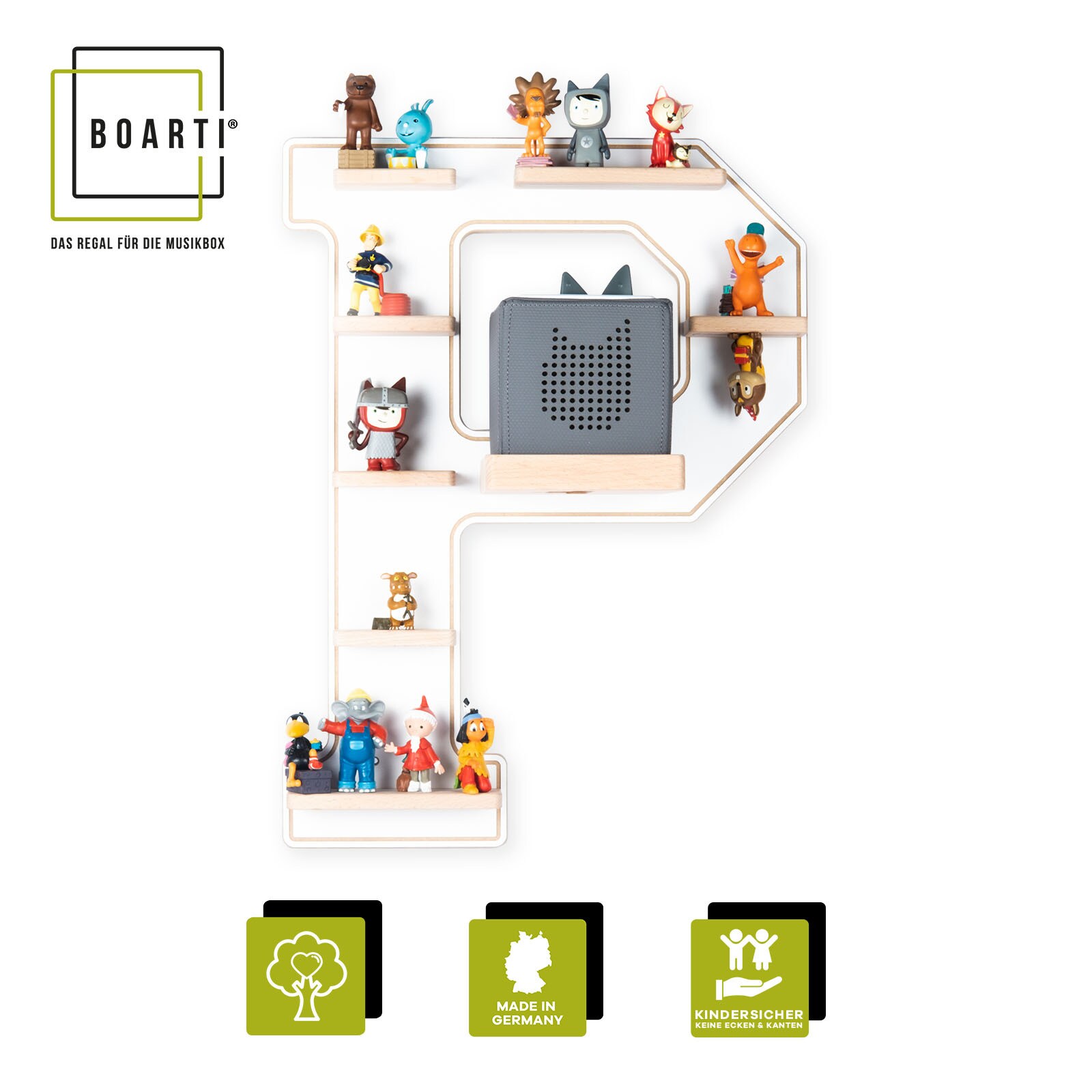 BOARTI Holz Buchstabe P Kinder Regal Toniebox Figuren Wandregal Tonies Musikbox