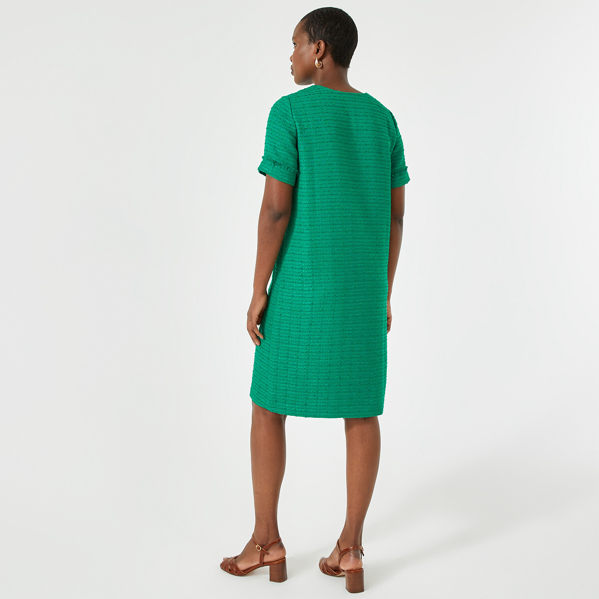 ANNE WEYBURN<br>Vestido reto de tweed, comprimento midi, mangas curtas