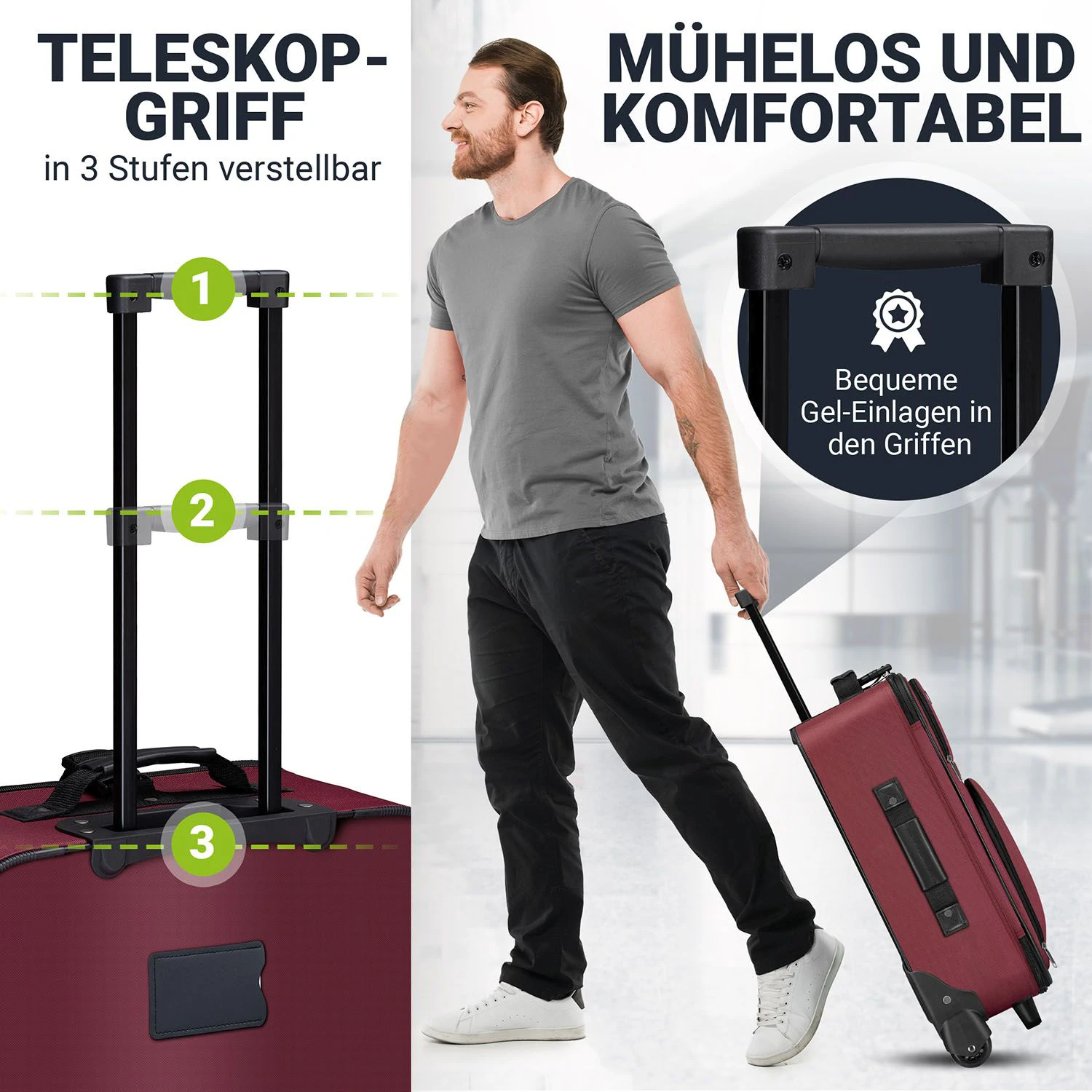 Juskys Trolley Reisekoffer Set Athen 5 teilig - 60 L, 2 Rollen, Weichschale, Handgepäck, Bordeaux