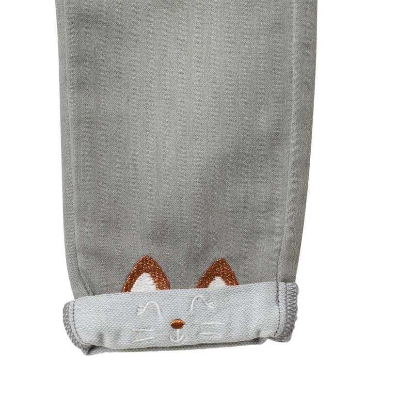 Jean effet used à chats brodés et poches - Gris chiné