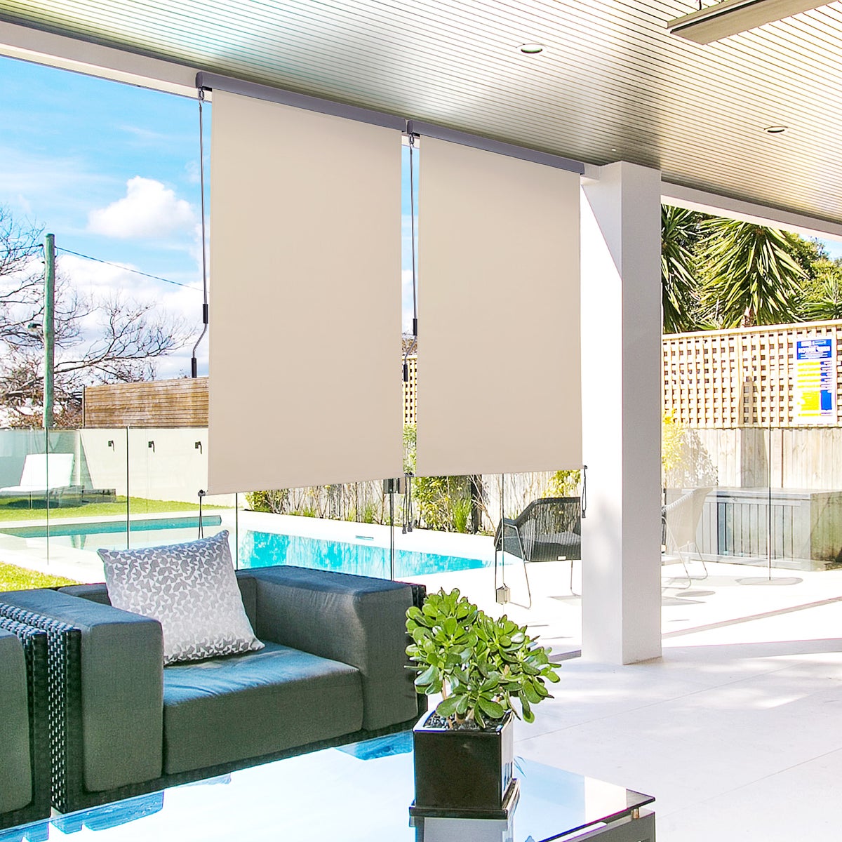 Outsunny verticale zonwering, verticale zonwering met handzwengel, 200 x 120 cm, polyester doek + aluminium, crèmewit