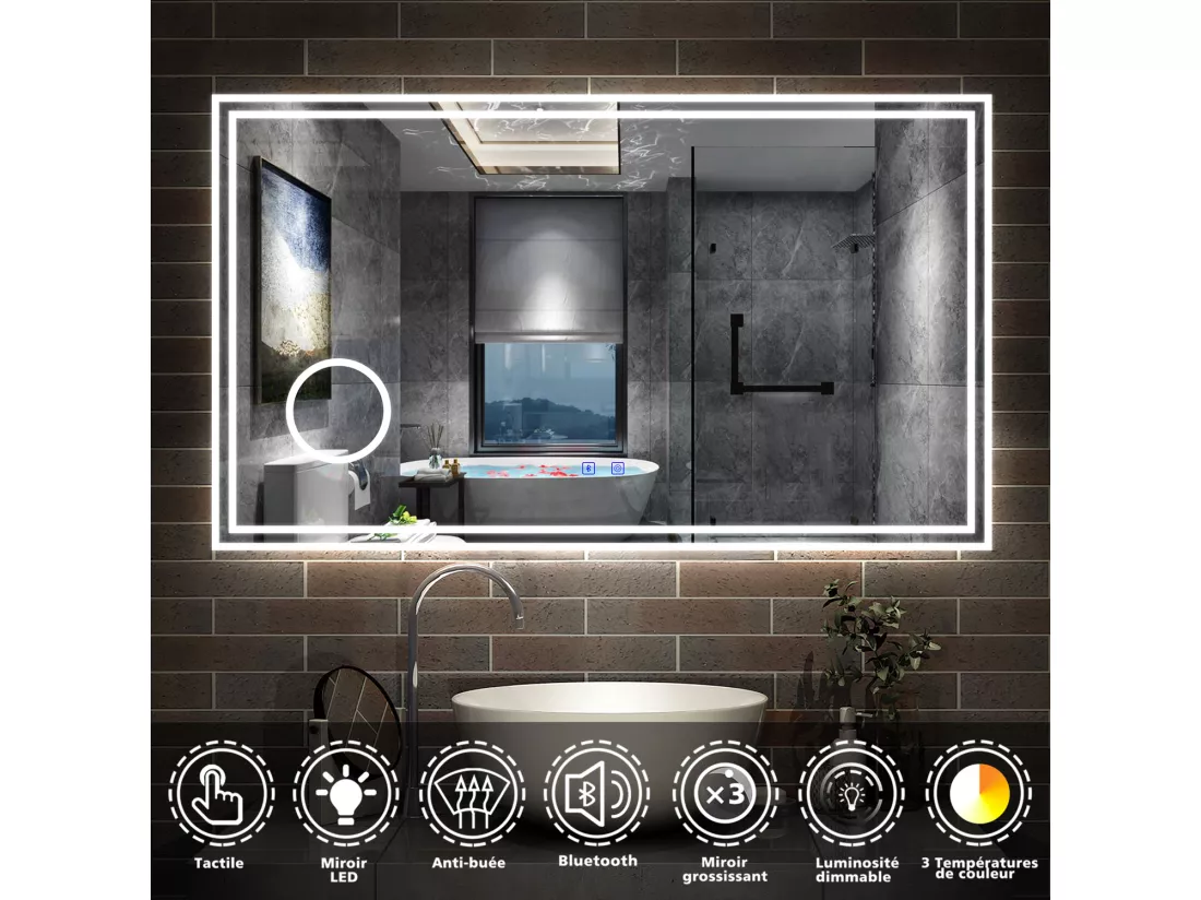 Miroir Salle de Bain LED avec Bluetooth 80x60cm, 3 Couleurs, Anti-buée, Grossissant 3x Aica